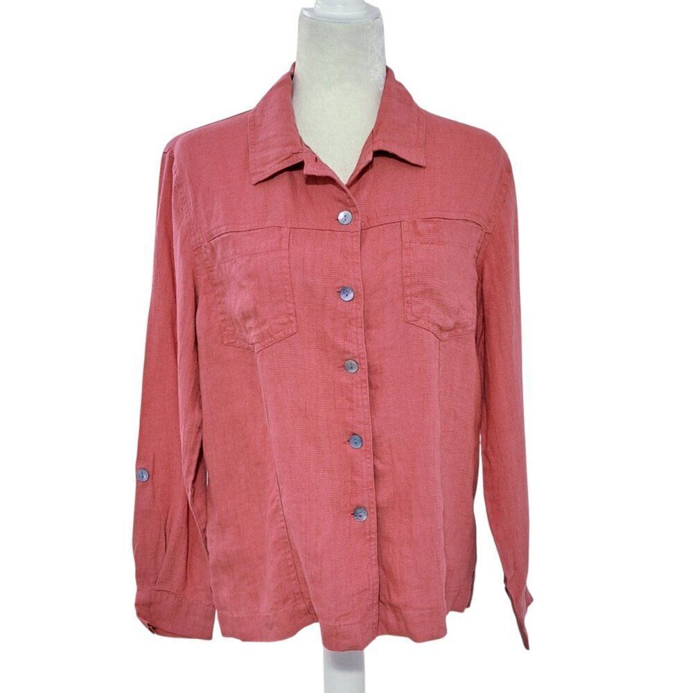 Chicos Women's Long Sleeve Roll Tab Linen Blend Terracotta Button Top Zs 1